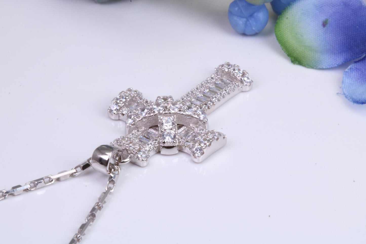 31 mm Long Cubic Zirconia Encrusted Cross Necklace, made from solid Sterling Silver