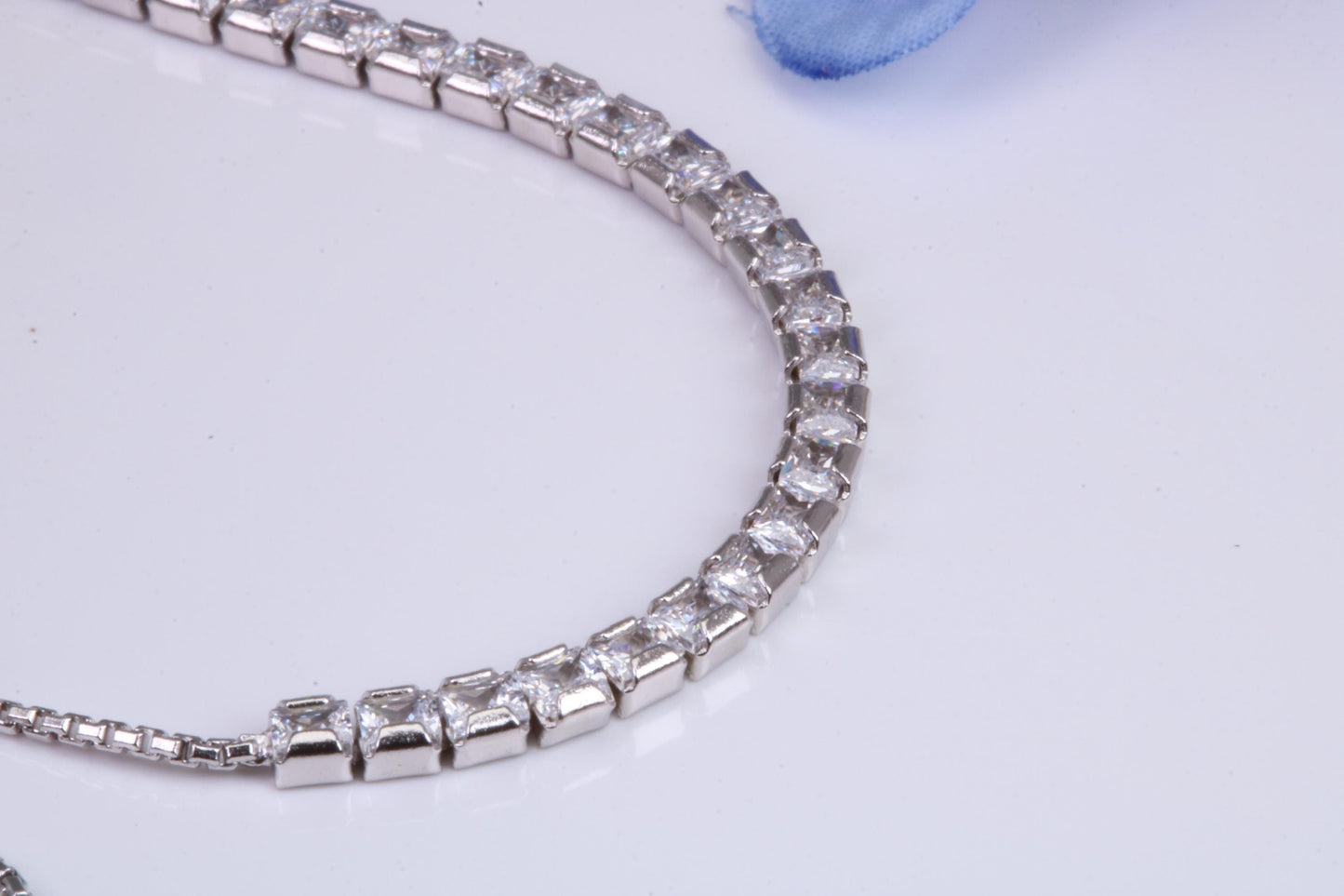 Line Tennis Bracelet, Square Cubic Zirconia set and made from solid Sterling Silver, Length adjustable