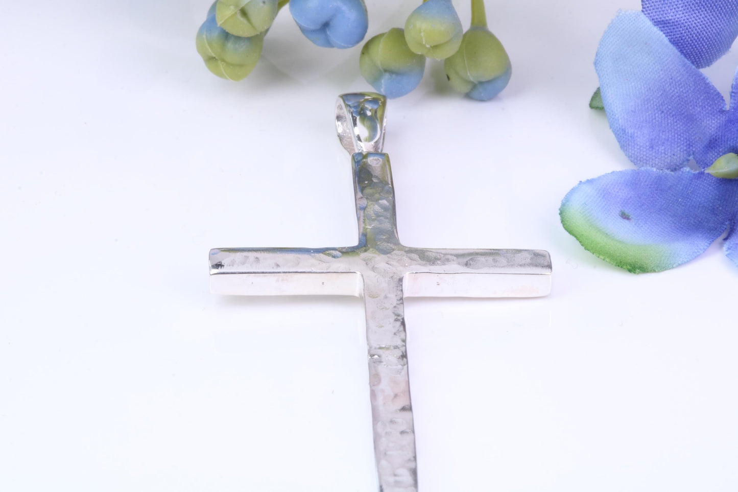 Large Hammered Finish 50 mm Long Chunky Cross, High Polished Finish, Made From Solid Cast Silver, British Hallmarked