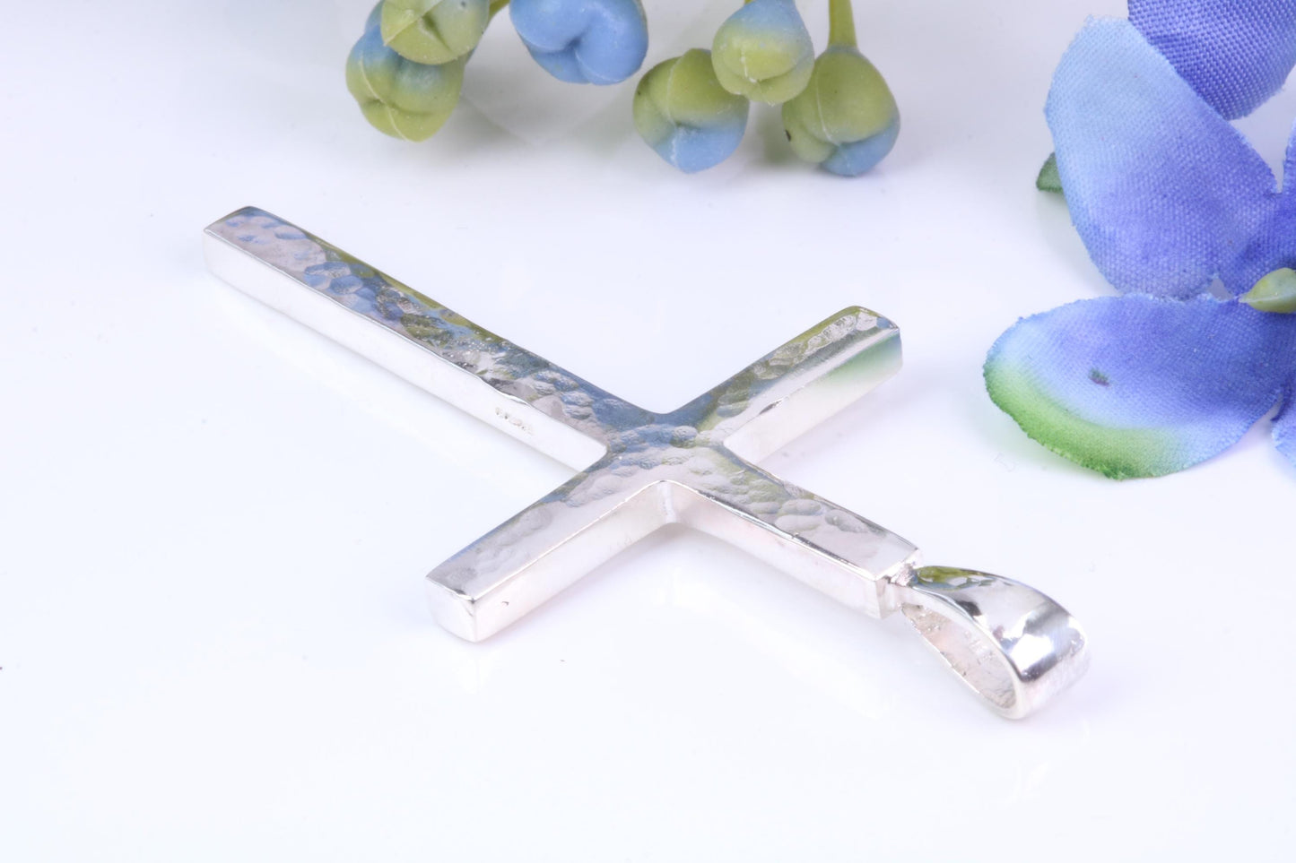Large Hammered Finish 50 mm Long Chunky Cross, High Polished Finish, Made From Solid Cast Silver, British Hallmarked