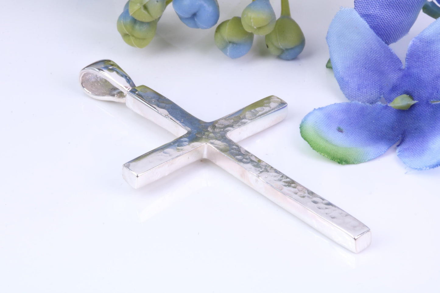 Large Hammered Finish 50 mm Long Chunky Cross, High Polished Finish, Made From Solid Cast Silver, British Hallmarked