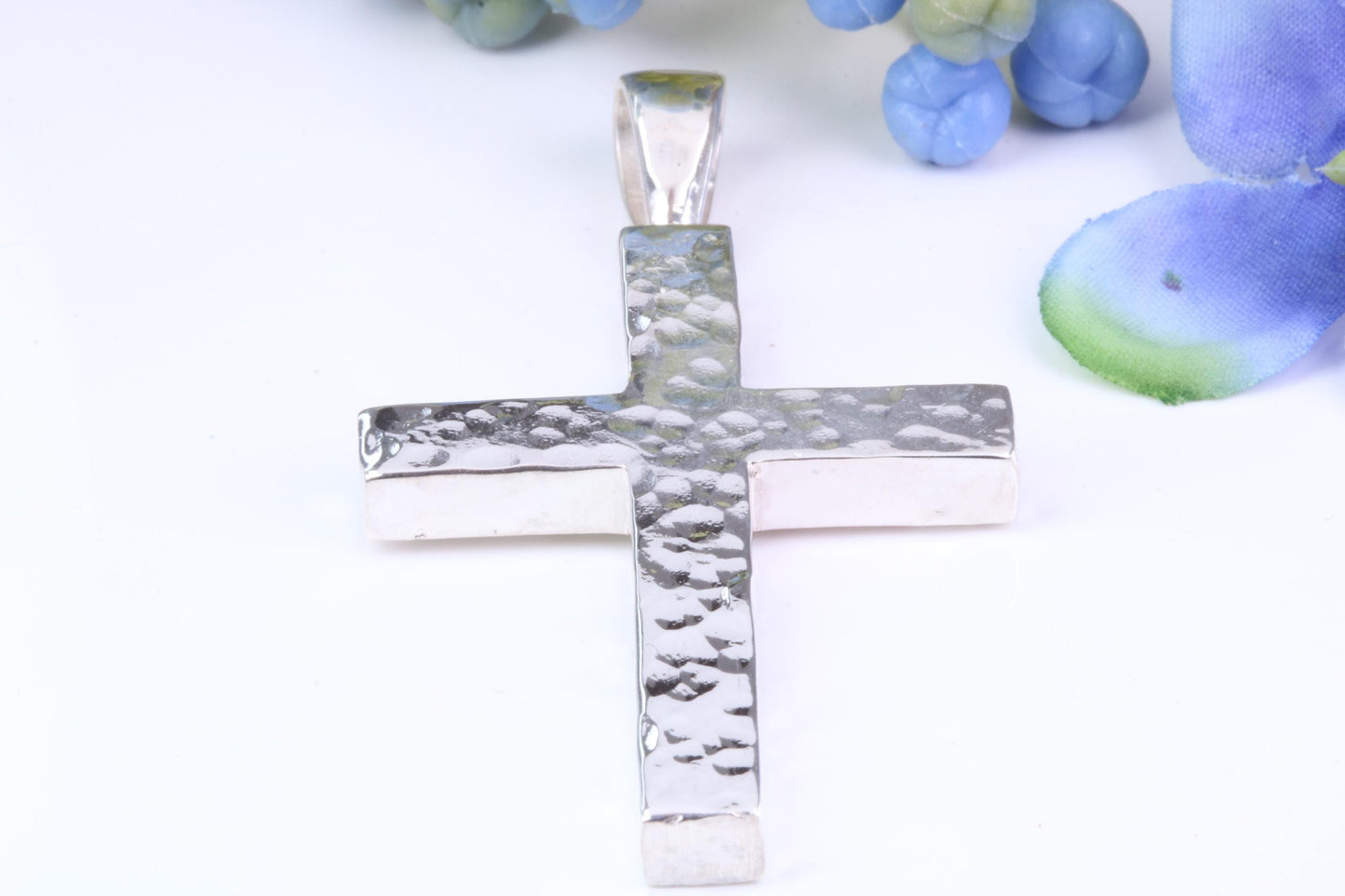Large Chunky Hammered Finish 57 mm Long Chunky Cross, High Polished Finish, Made From Solid Cast Silver, British Hallmarked