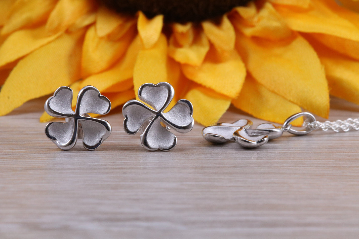 Sterling Silver Four leaf Clover Stud Earrings with Matching Necklace