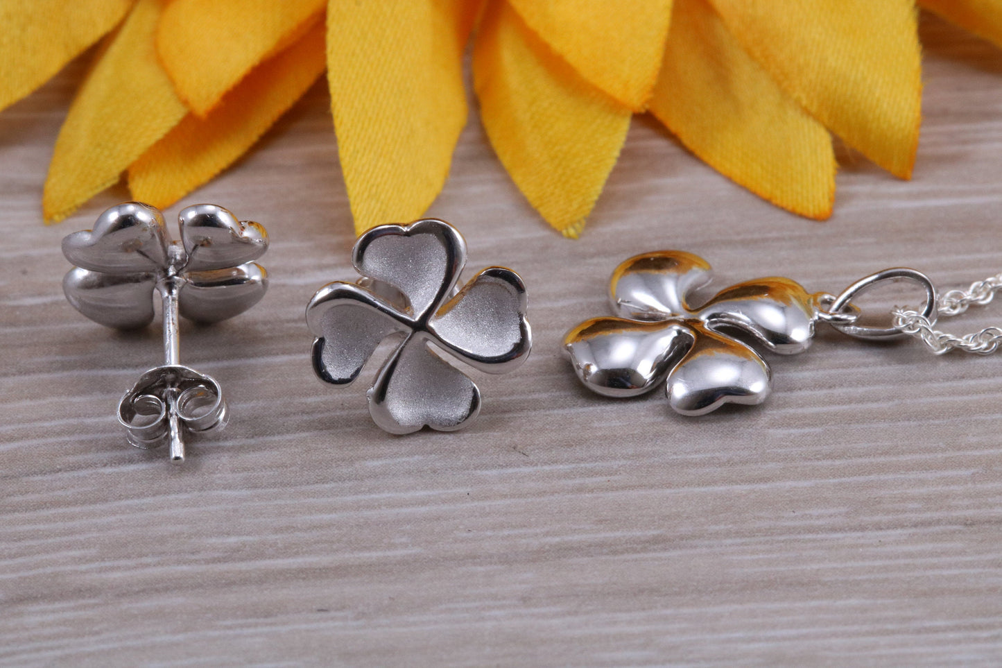 Sterling Silver Four leaf Clover Stud Earrings with Matching Necklace