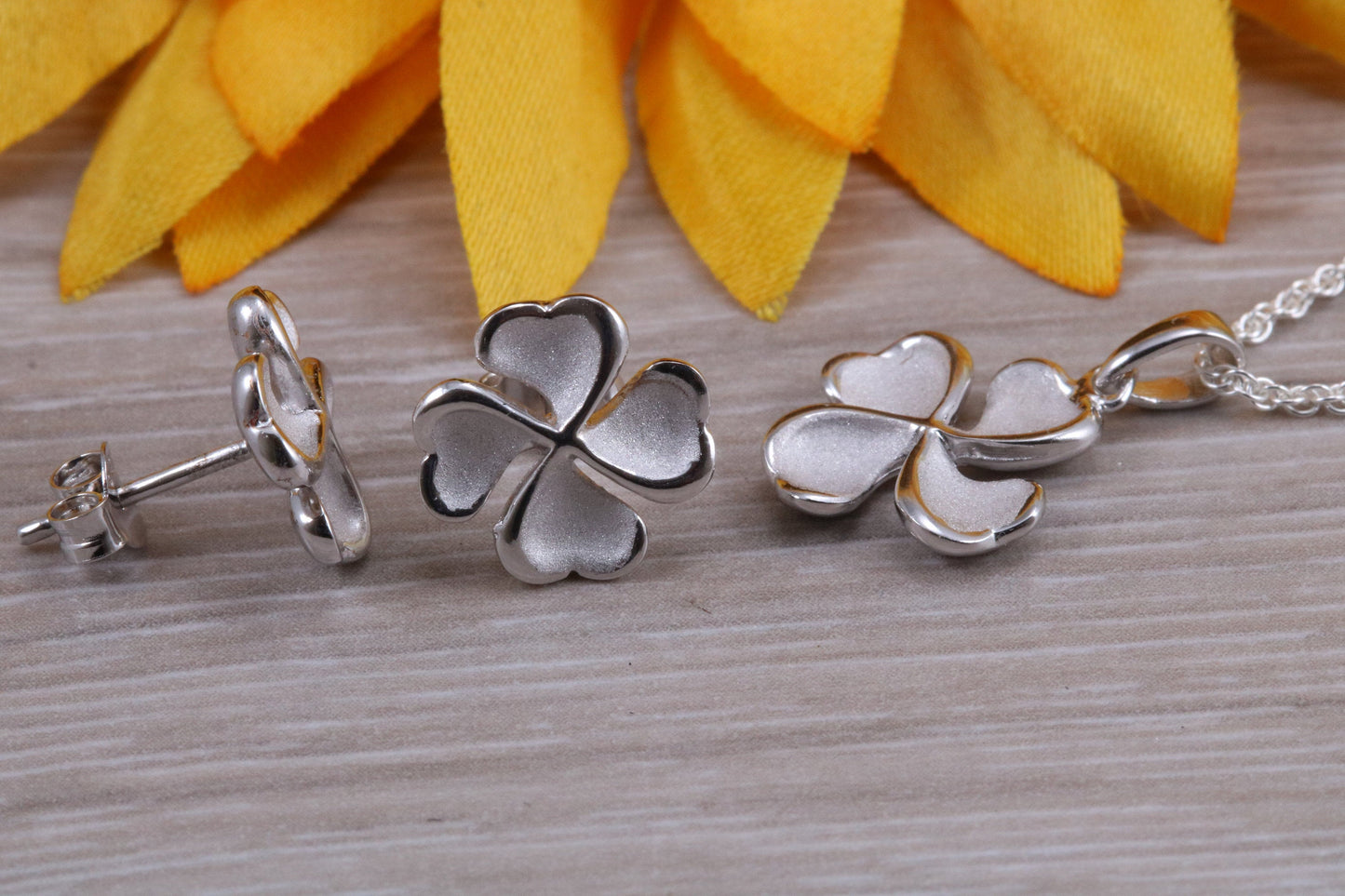 Sterling Silver Four leaf Clover Stud Earrings with Matching Necklace