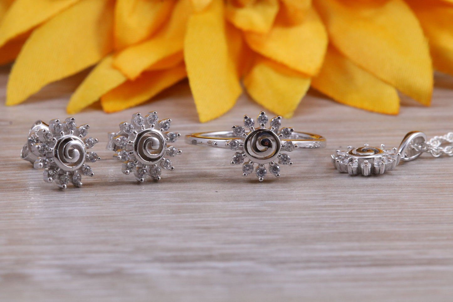 Sterling Silver Matching Ring, Studs Earrings and Necklace Set