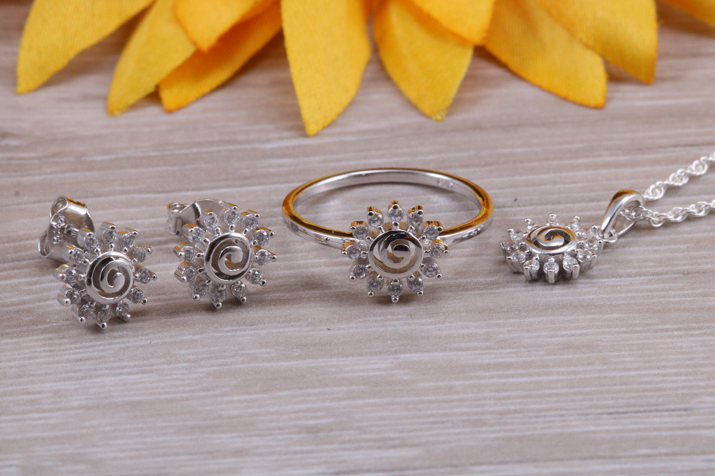 Sterling Silver Matching Ring, Studs Earrings and Necklace Set