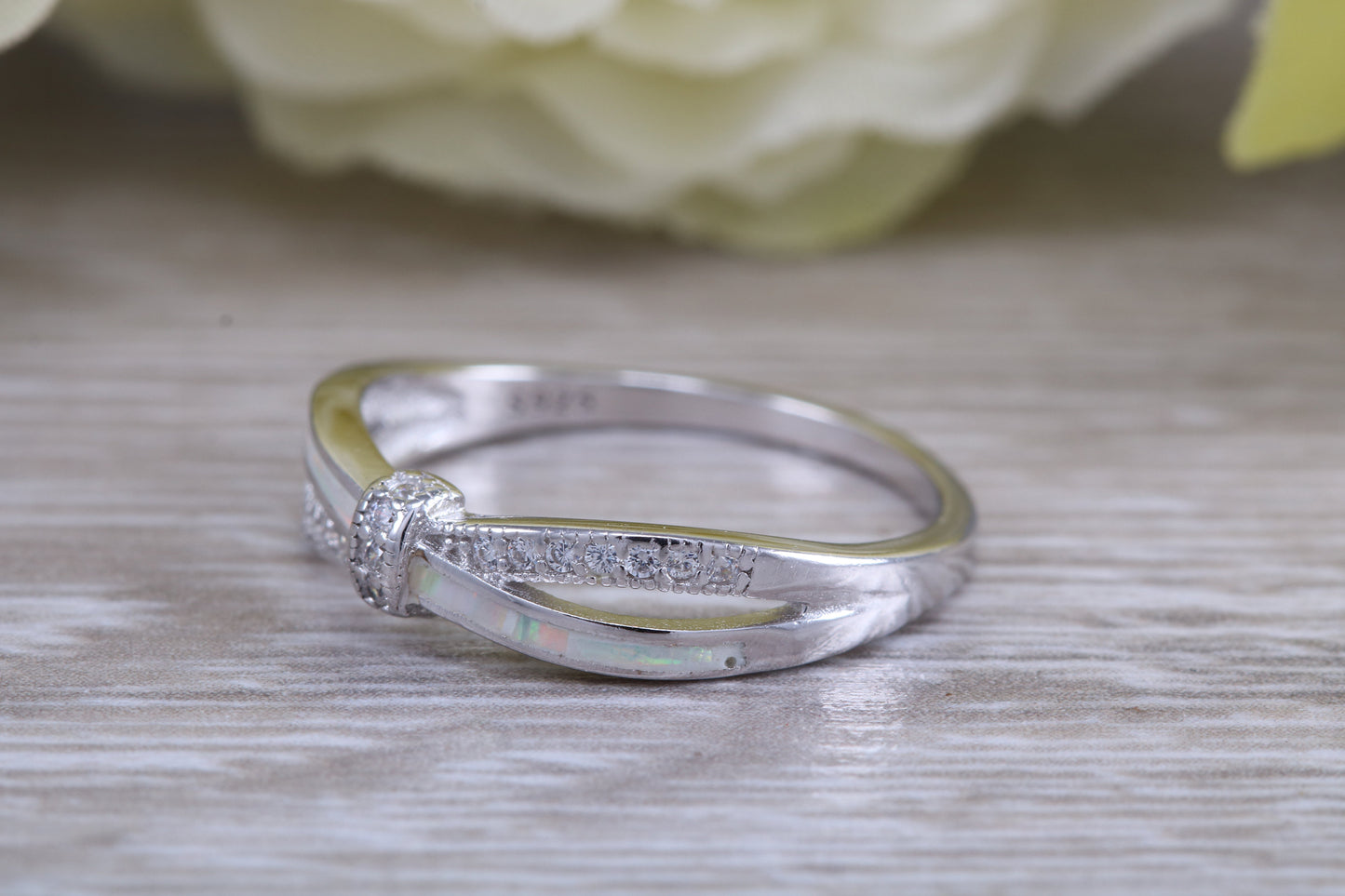 Very sparkly and fiery Opal and cubic zirconia set ring, solid sterling silver ring further rhodium plated for that platinum look