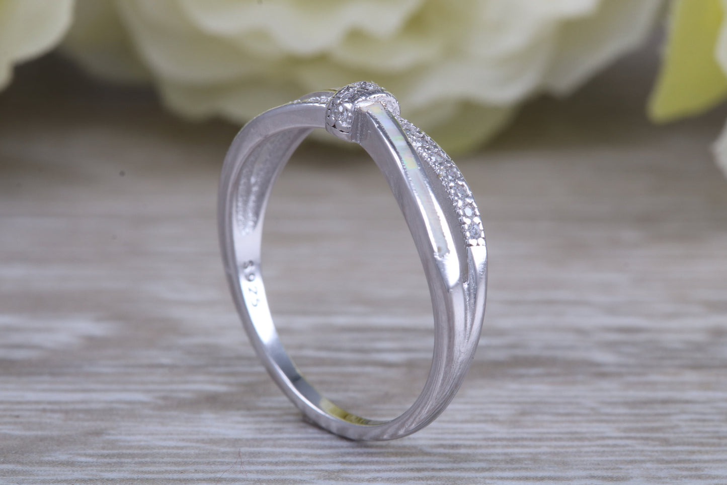 Very sparkly and fiery Opal and cubic zirconia set ring, solid sterling silver ring further rhodium plated for that platinum look