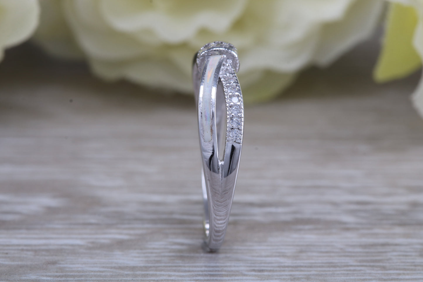 Very sparkly and fiery Opal and cubic zirconia set ring, solid sterling silver ring further rhodium plated for that platinum look