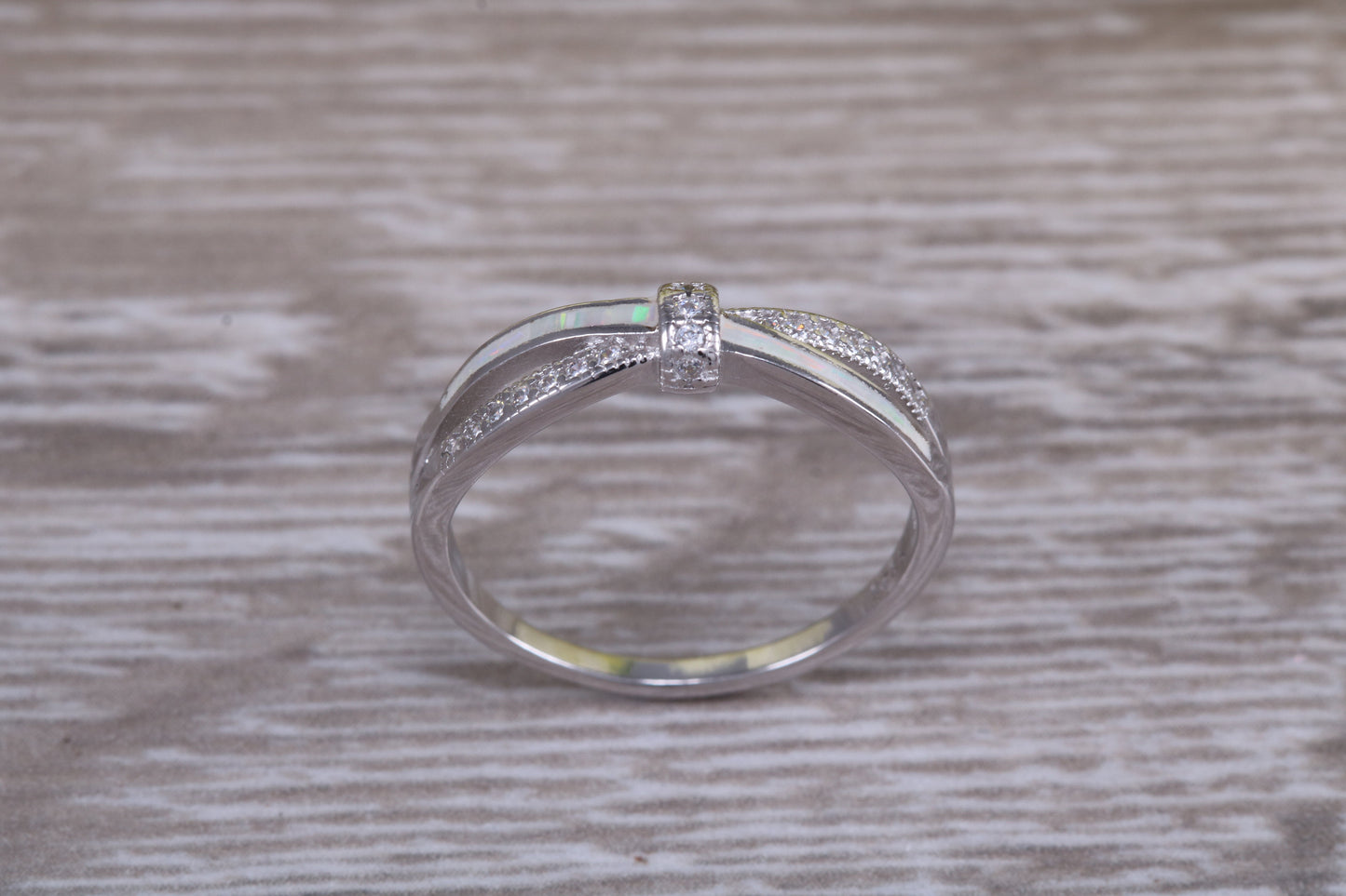 Very sparkly and fiery Opal and cubic zirconia set ring, solid sterling silver ring further rhodium plated for that platinum look