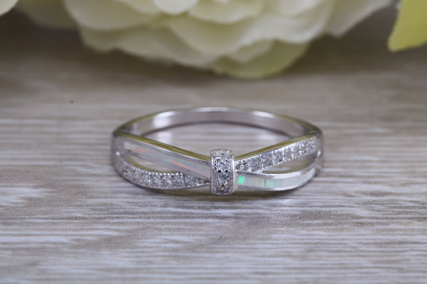 Very sparkly and fiery Opal and cubic zirconia set ring, solid sterling silver ring further rhodium plated for that platinum look