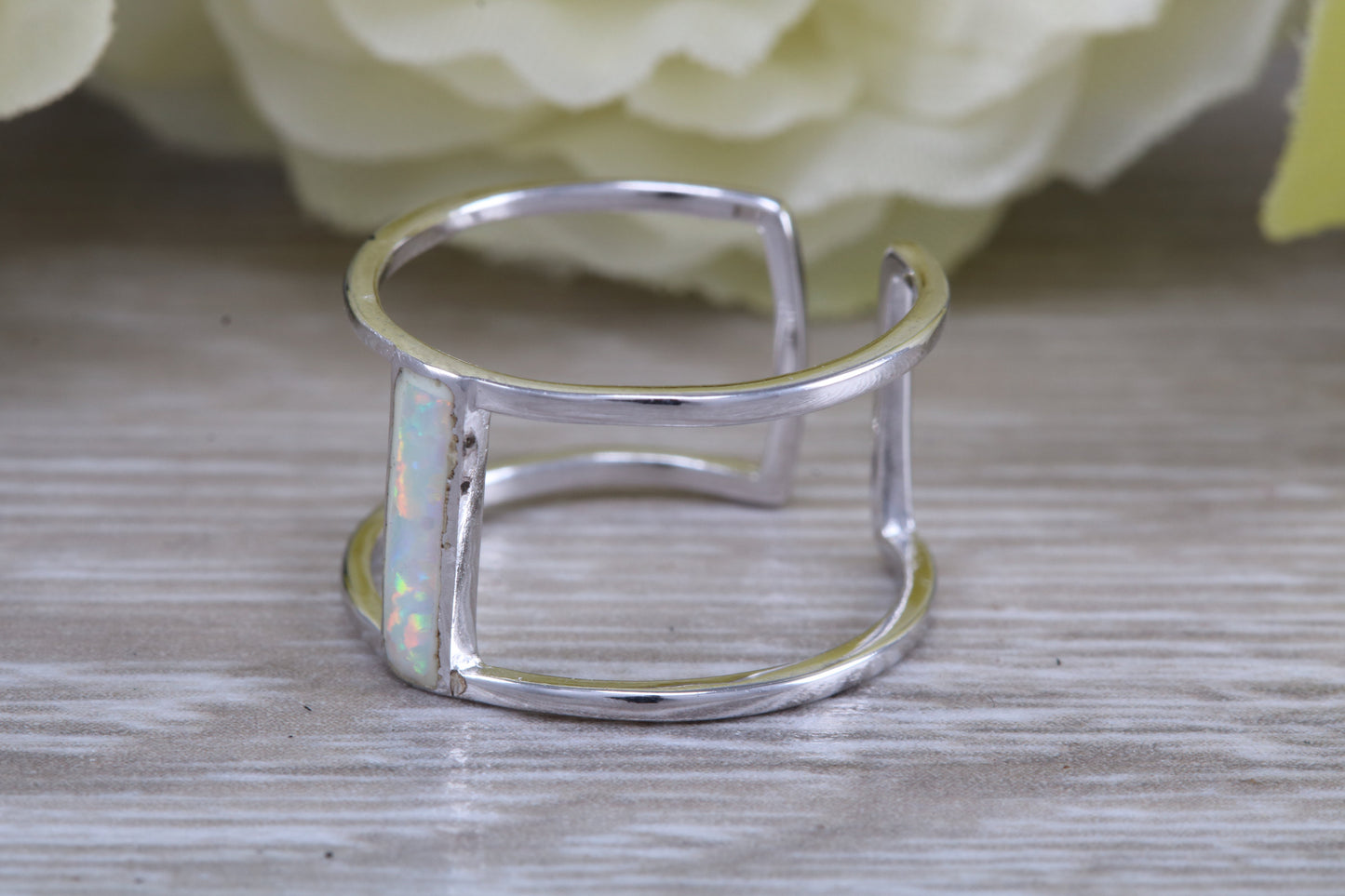 Opal dress ring, solid sterling silver ring further rhodium plated for that platinum look