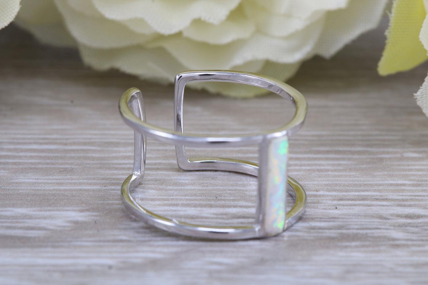 Opal dress ring, solid sterling silver ring further rhodium plated for that platinum look