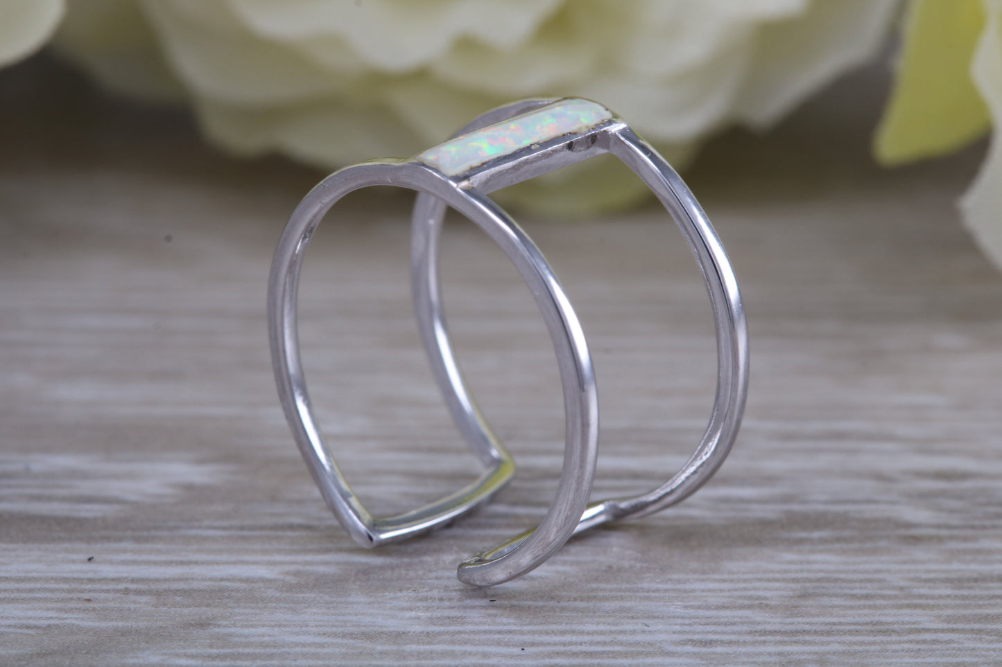Opal dress ring, solid sterling silver ring further rhodium plated for that platinum look