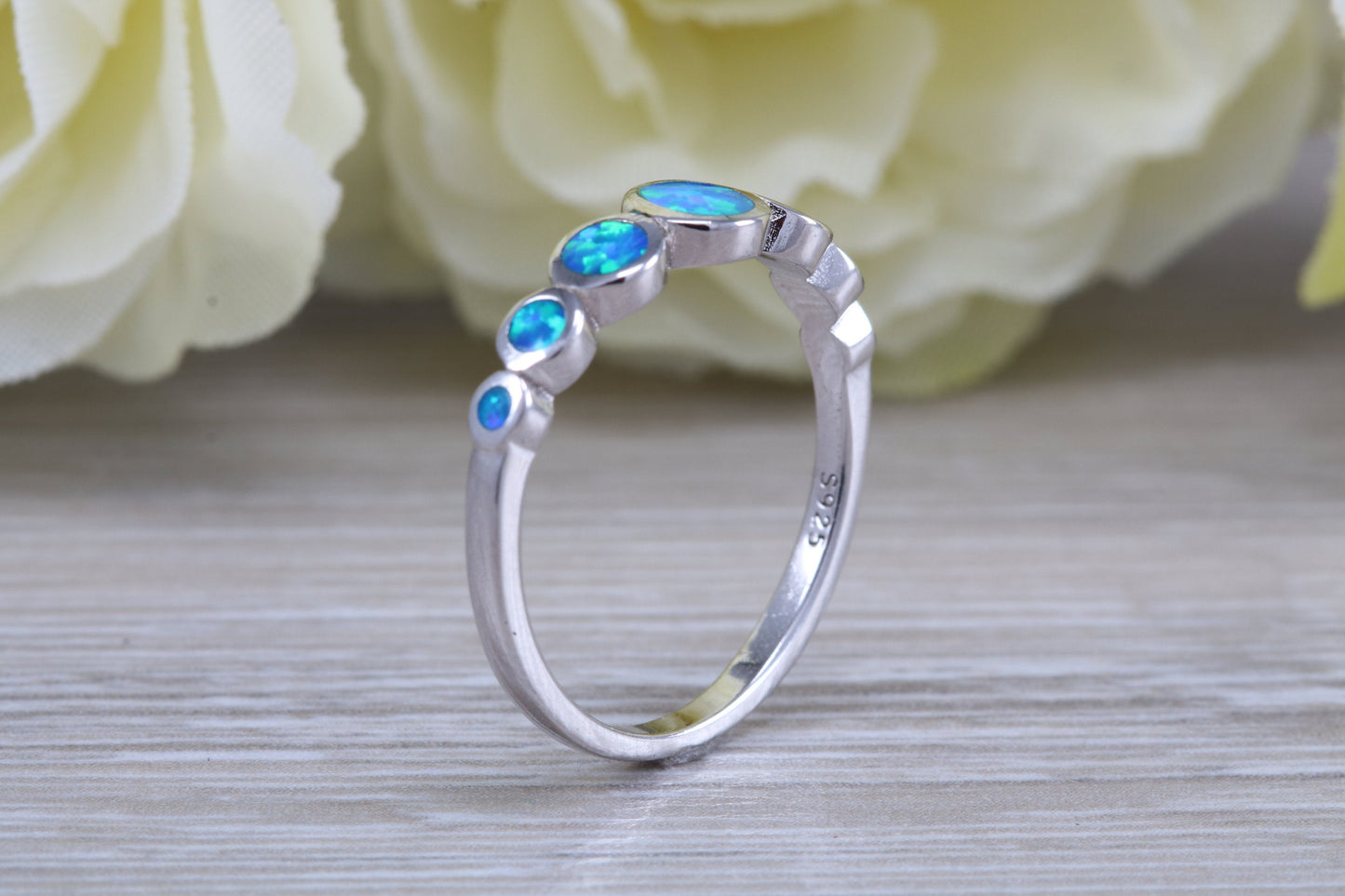 Fiery Blue Opal set bubble ring, solid sterling silver ring further rhodium plated for that platinum look