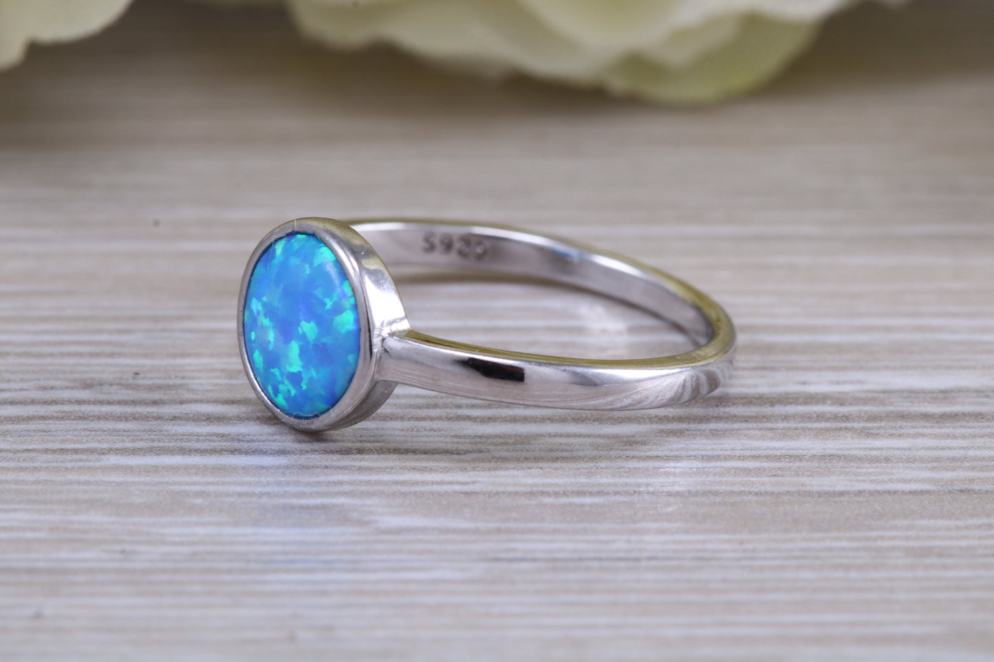 Fiery Blue Opal solitaire ring, solid sterling silver ring further rhodium plated for that platinum look