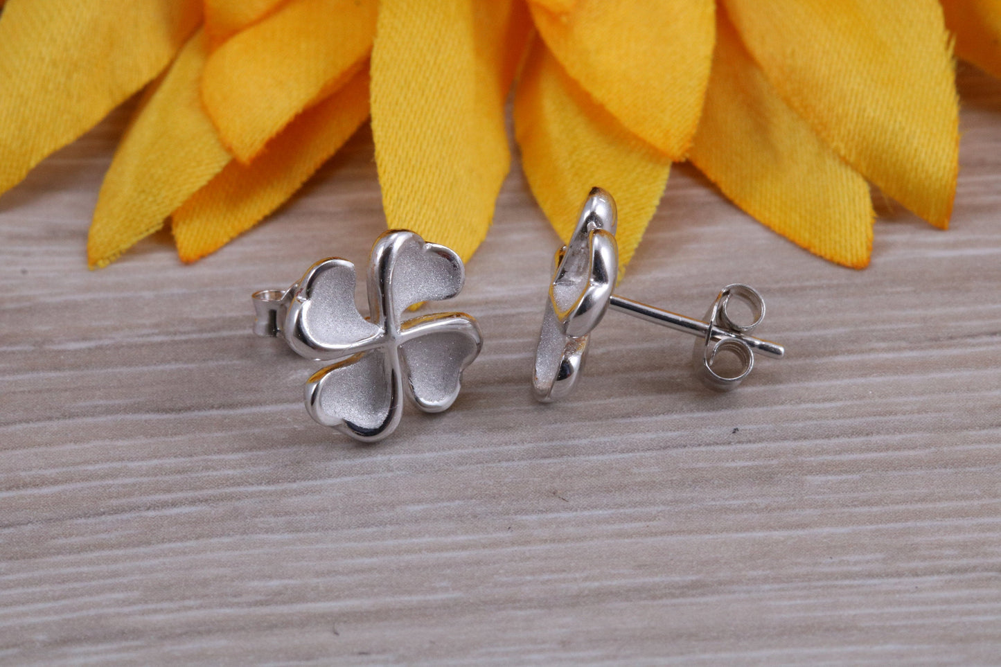 Sterling Silver Four leaf Clover Stud Earrings with Matching Necklace