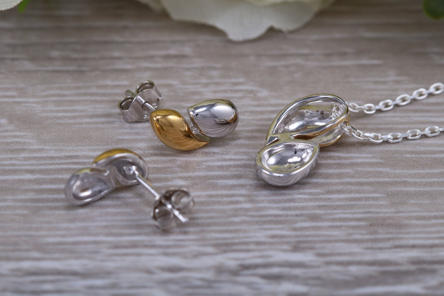 Sterling Silver Two Tone Set Earrings With Matching Necklace