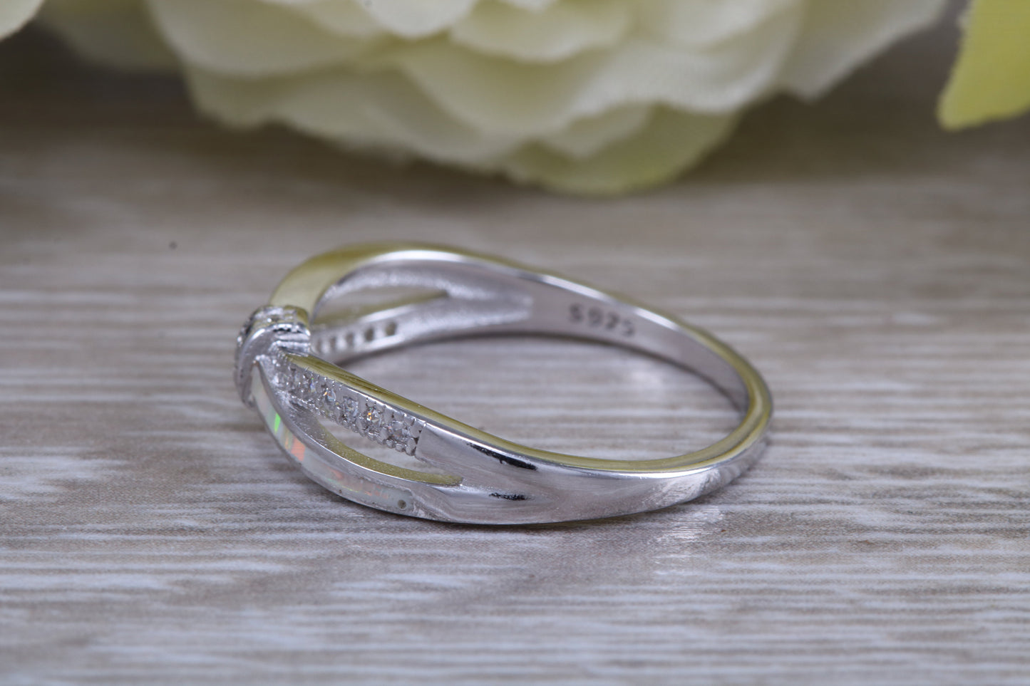Very sparkly and fiery Opal and cubic zirconia set ring, solid sterling silver ring further rhodium plated for that platinum look