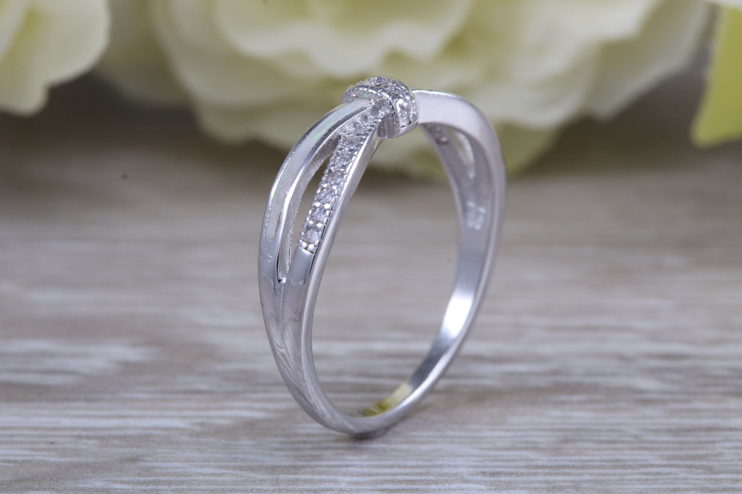 Very sparkly and fiery Opal and cubic zirconia set ring, solid sterling silver ring further rhodium plated for that platinum look