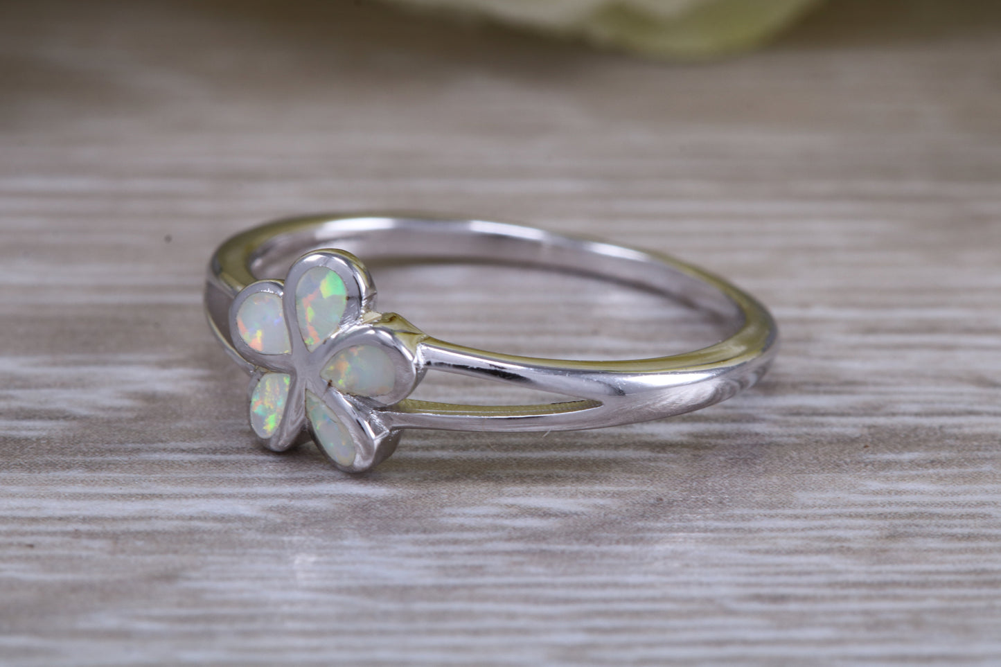 Opal daisy flower ring, solid sterling silver ring further rhodium plated for that platinum look