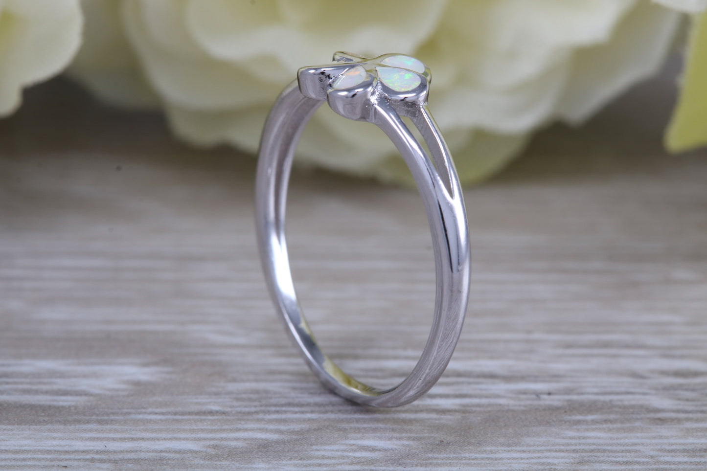 Opal daisy flower ring, solid sterling silver ring further rhodium plated for that platinum look
