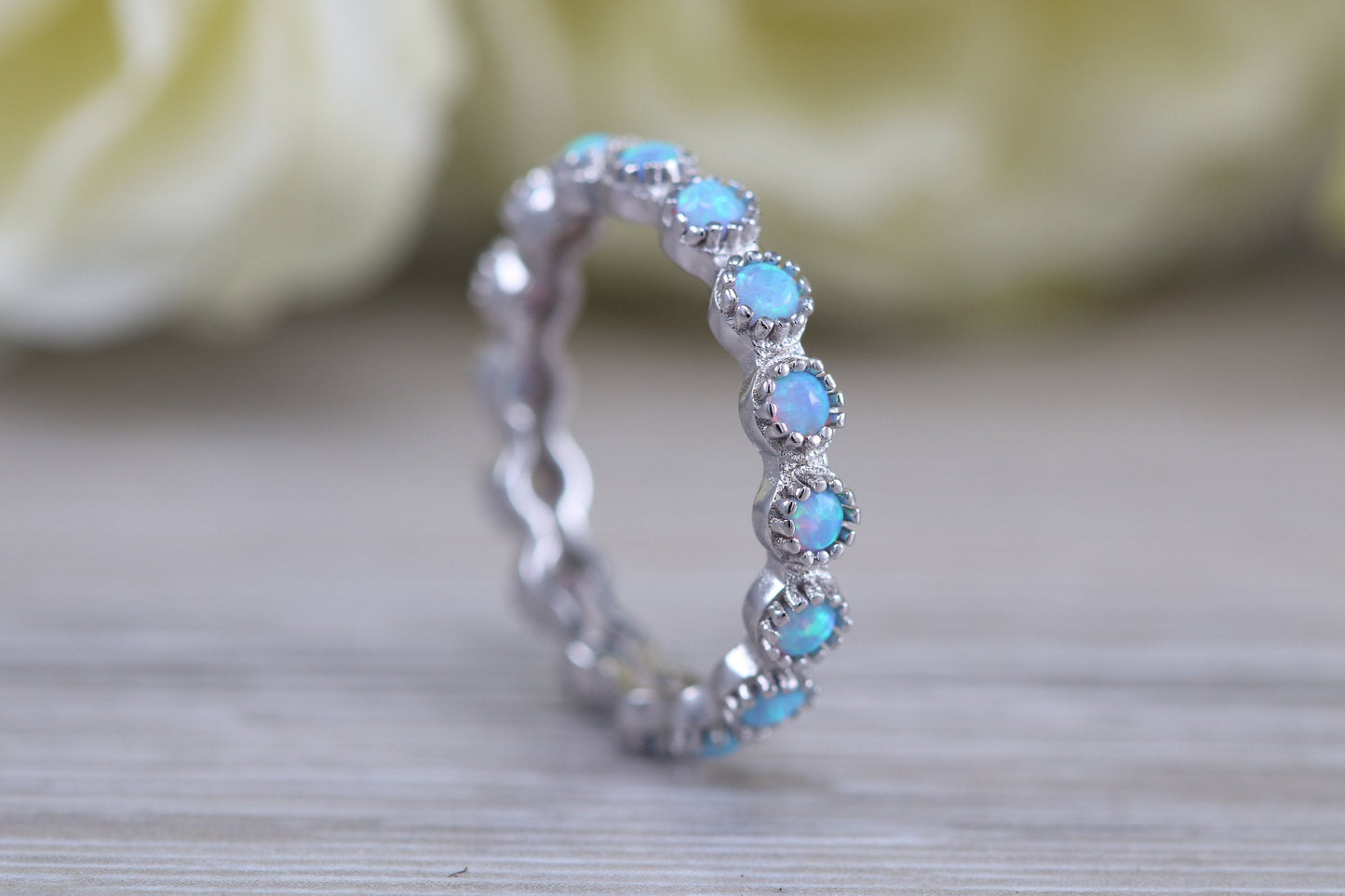 Very sparkly and fiery Opal full circle set ring, solid sterling silver ring further rhodium plated for that platinum look