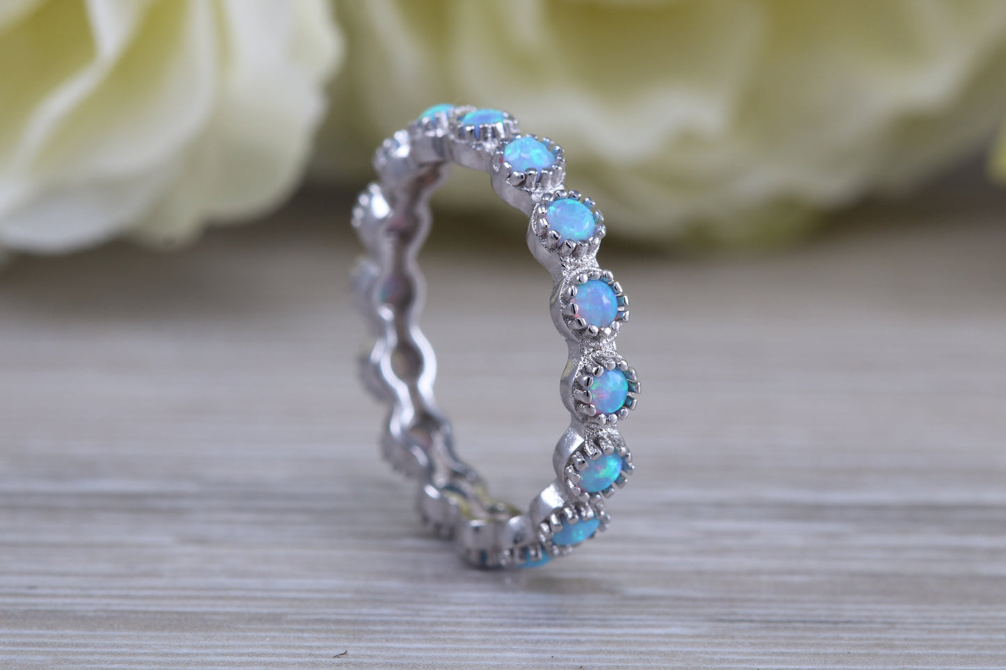 Very sparkly and fiery Opal full circle set ring, solid sterling silver ring further rhodium plated for that platinum look