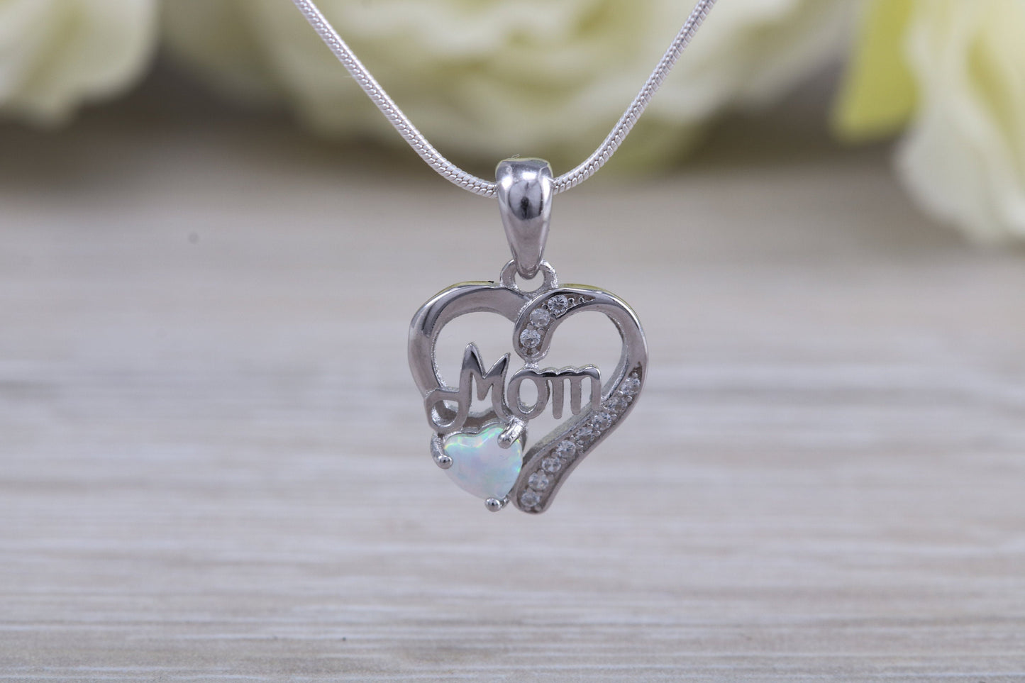 Silver Opal and C Z set Mom Necklace