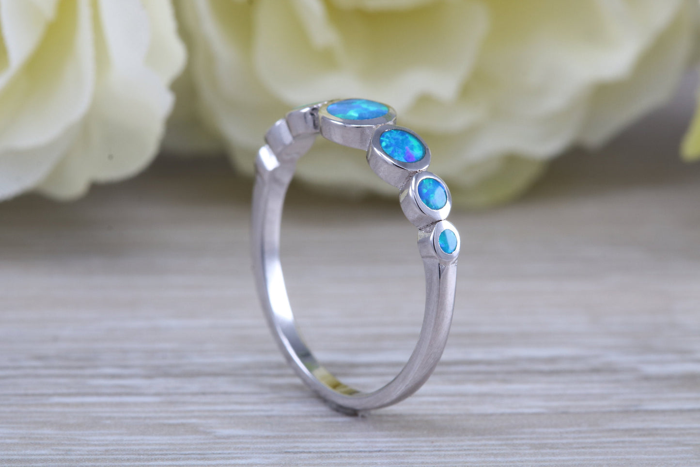 Fiery Blue Opal set bubble ring, solid sterling silver ring further rhodium plated for that platinum look