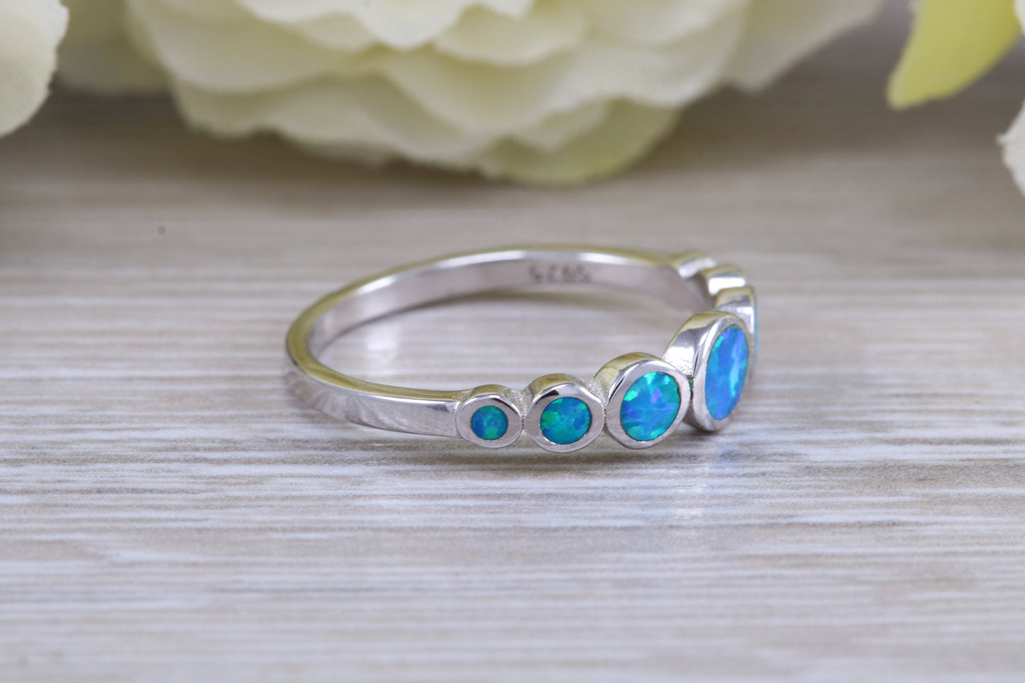 Fiery Blue Opal set bubble ring, solid sterling silver ring further rhodium plated for that platinum look