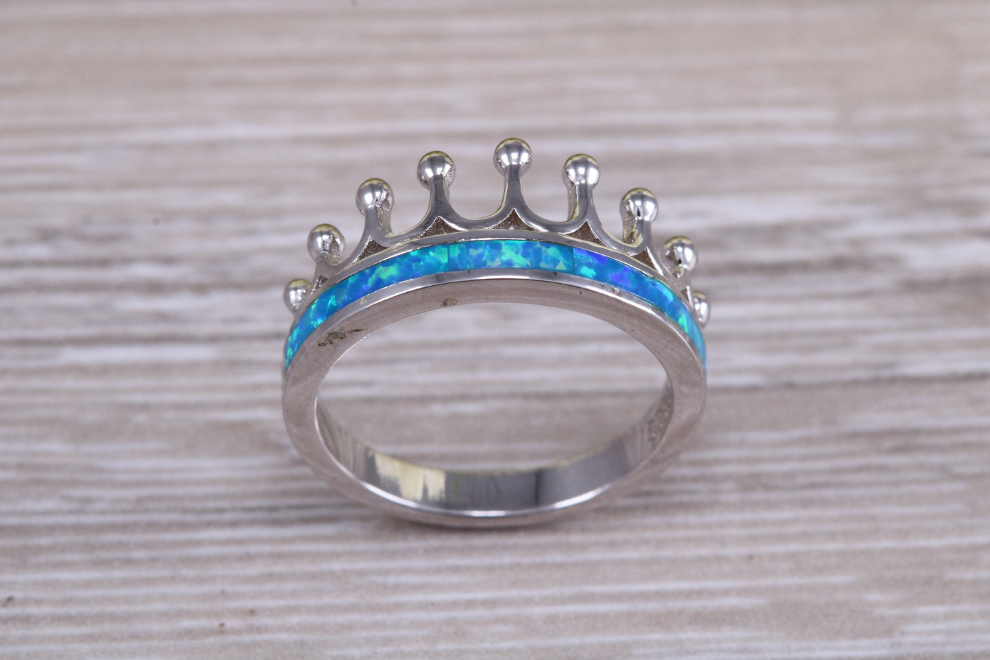 Fiery Blue Opal Crown ring, solid sterling silver ring further rhodium plated for that platinum look