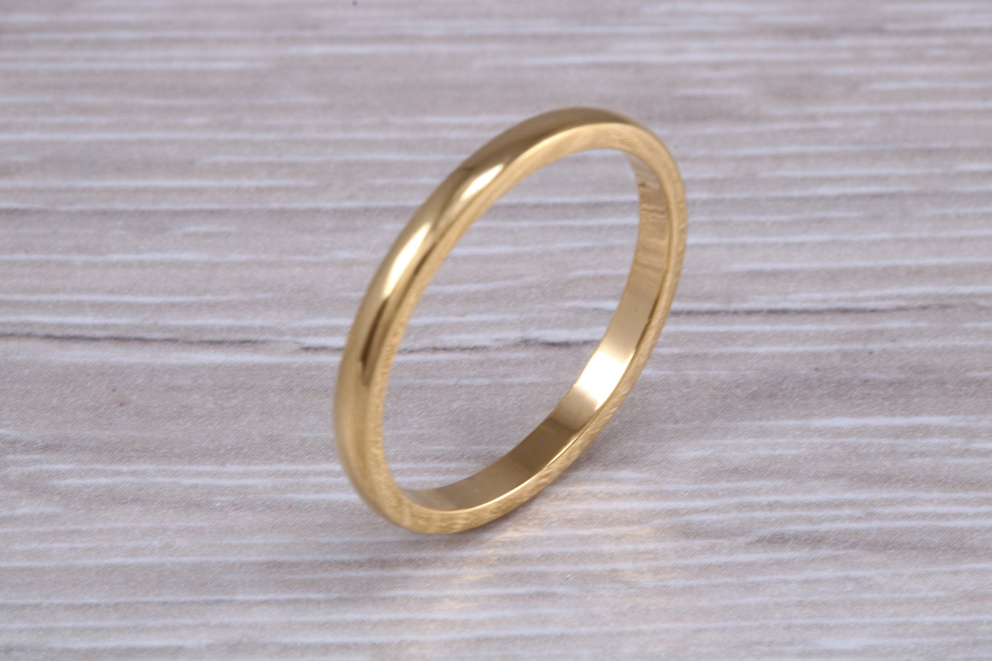 3 mm court profile Silver band with 18ct yellow Gold hard plating, looks just like a gold band for a fraction of the cost