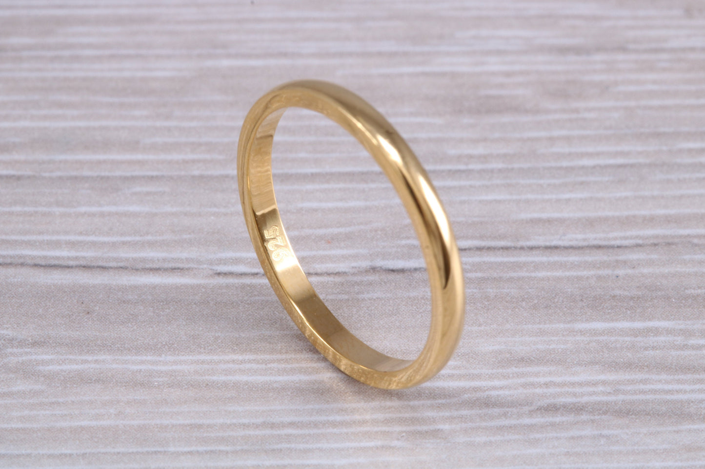 3 mm court profile Silver band with 18ct yellow Gold hard plating, looks just like a gold band for a fraction of the cost