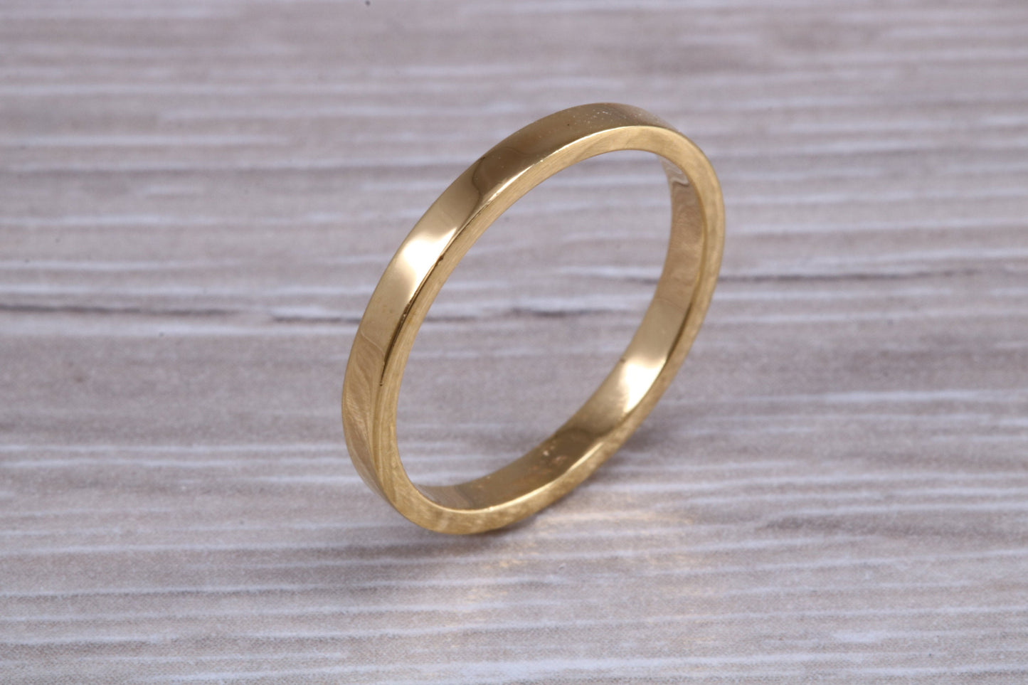 3 mm flat profile Silver band with 18ct yellow Gold hard plating, looks just like a gold band for a fraction of the cost