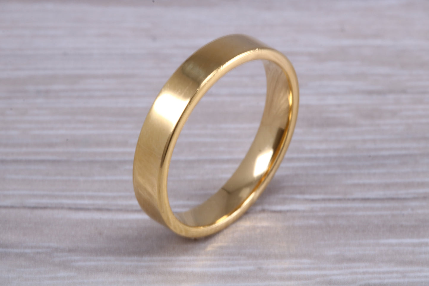 4 mm flat profile Silver band with 18ct yellow Gold hard plating, looks just like a gold band for a fraction of the cost