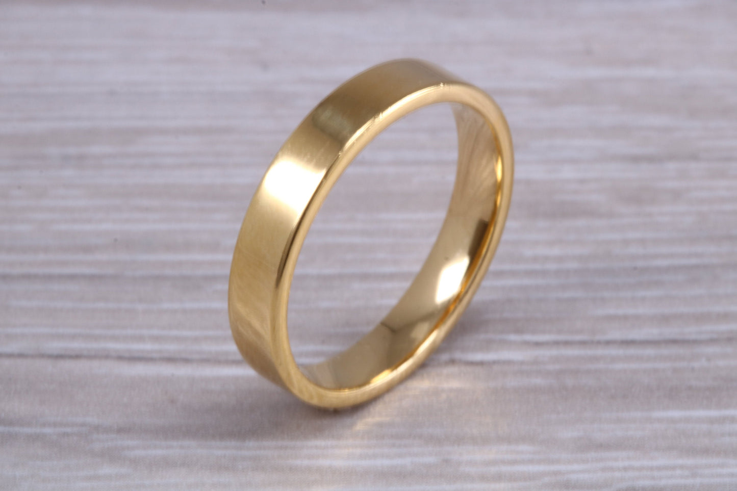 5 mm flat profile Silver band with 18ct yellow Gold hard plating, looks just like a gold band for a fraction of the cost