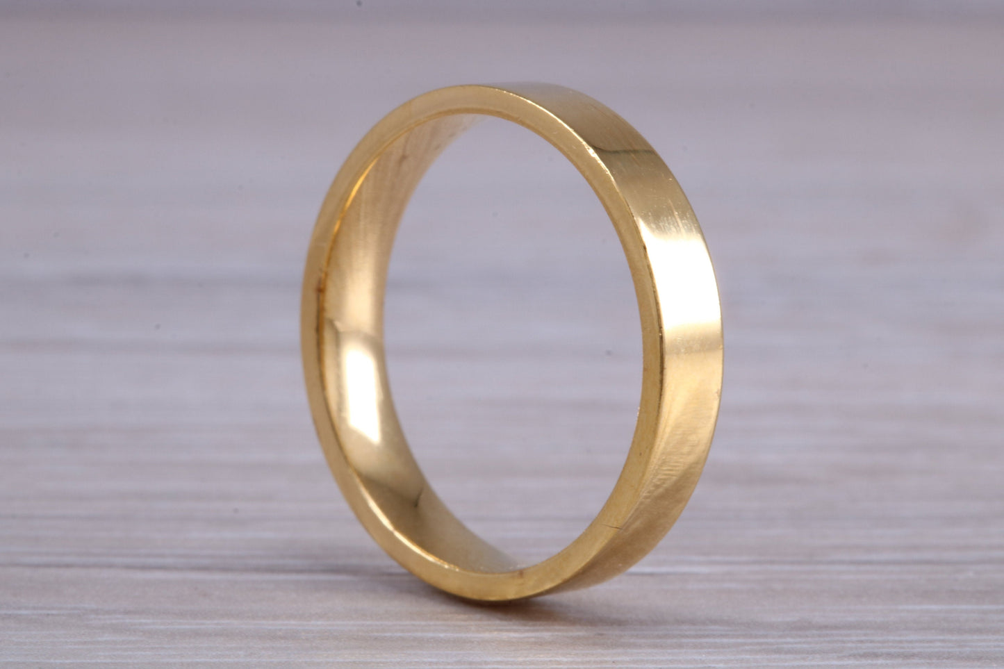 5 mm flat profile Silver band with 18ct yellow Gold hard plating, looks just like a gold band for a fraction of the cost