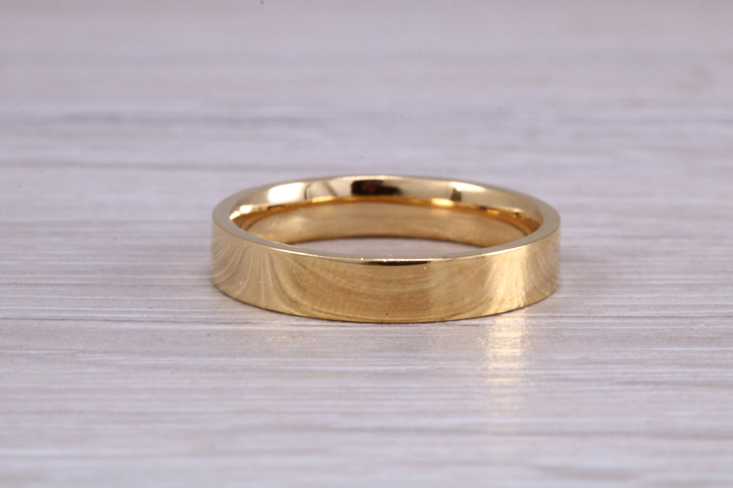 4 mm flat profile Silver band with 18ct yellow Gold hard plating, looks just like a gold band for a fraction of the cost