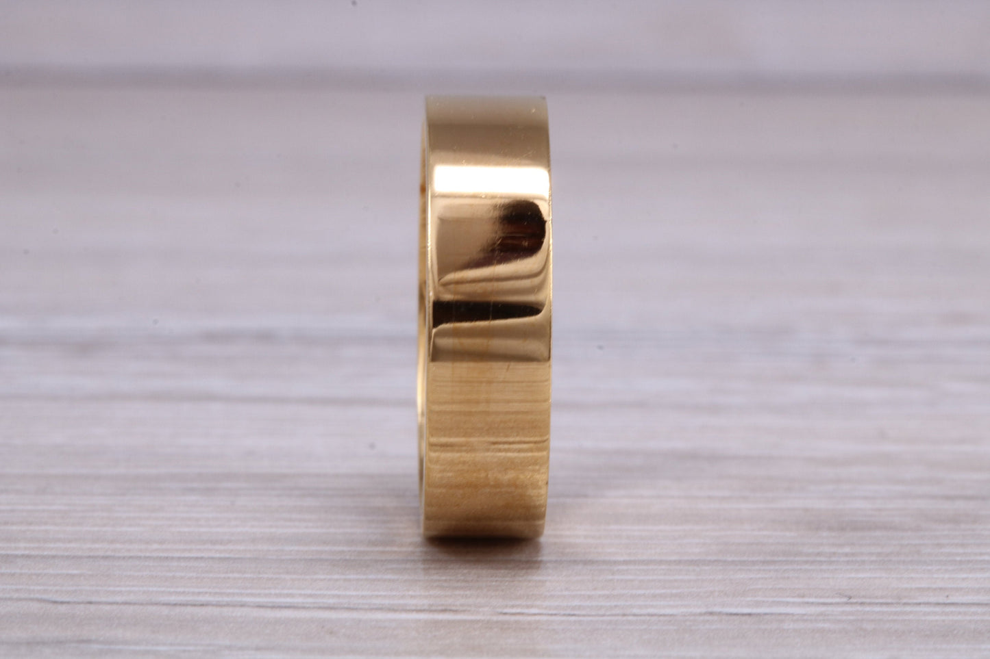 6 mm flat profile Silver band with 18ct yellow Gold hard plating, looks just like a gold band for a fraction of the cost