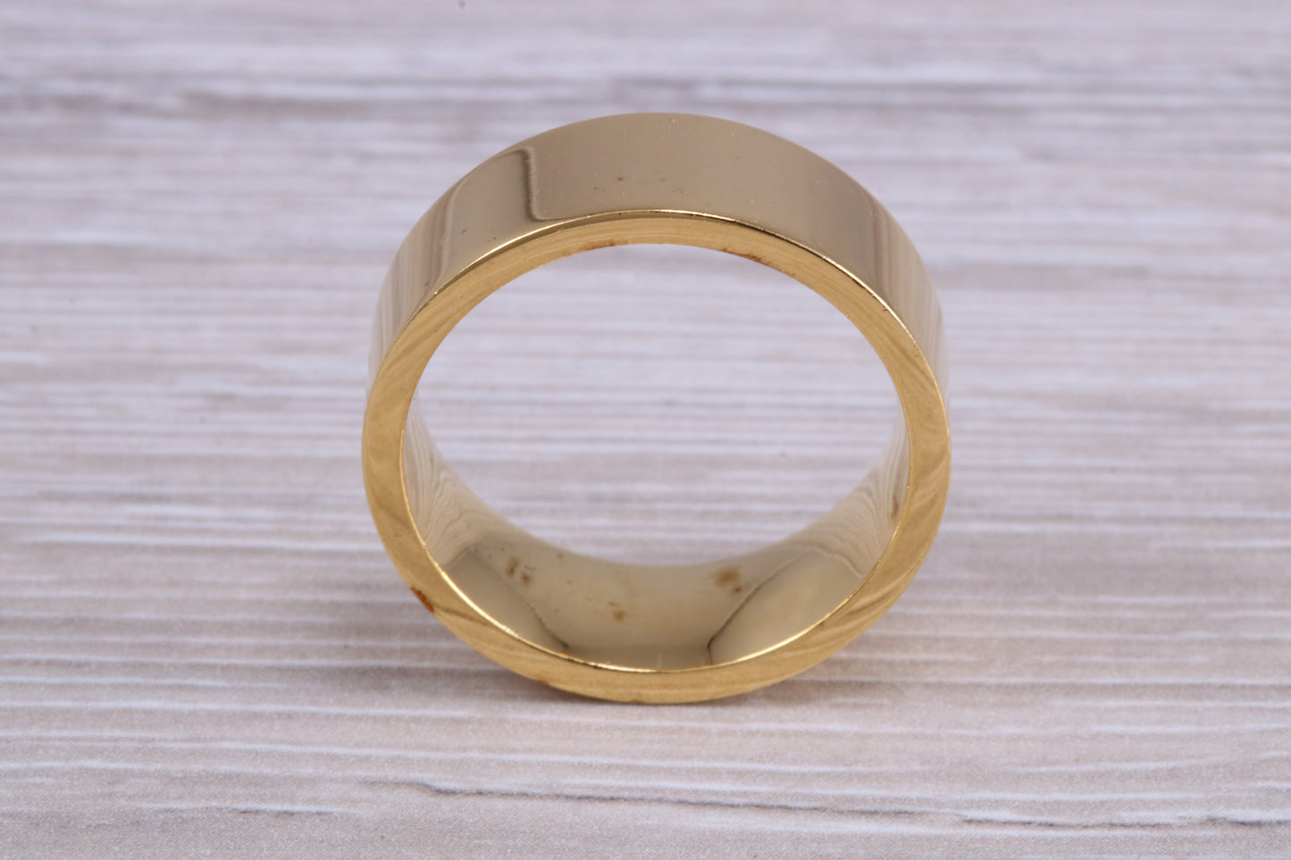 10 mm flat profile Silver band with 18ct yellow Gold hard plating, looks just like a gold band for a fraction of the cost. Very wide band