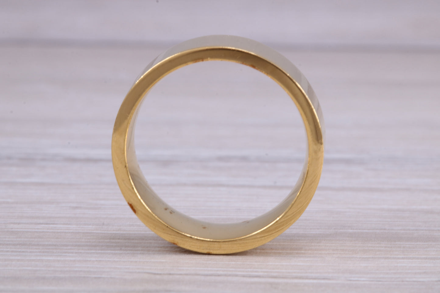 10 mm flat profile Silver band with 18ct yellow Gold hard plating, looks just like a gold band for a fraction of the cost. Very wide band