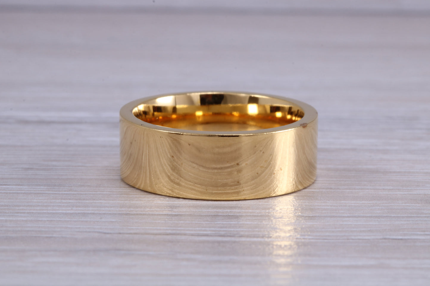 10 mm flat profile Silver band with 18ct yellow Gold hard plating, looks just like a gold band for a fraction of the cost. Very wide band