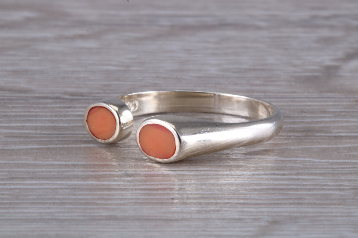 Silver Coral open ended ring, sterling silver with red coral inlay, suitable for all age groups, very unusual design