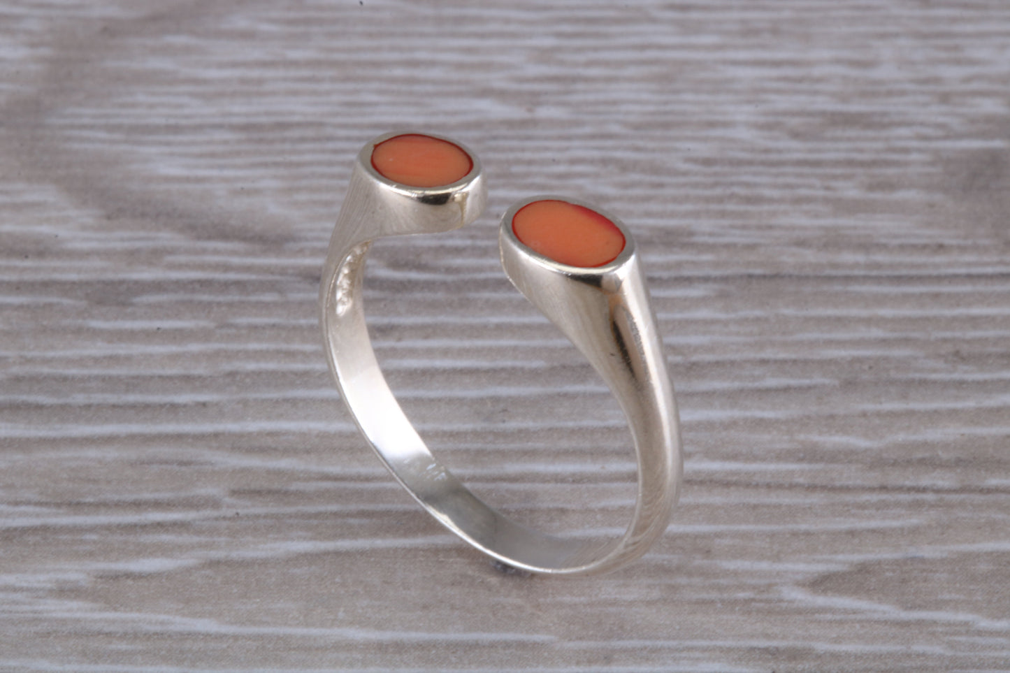 Silver Coral open ended ring, sterling silver with red coral inlay, suitable for all age groups, very unusual design