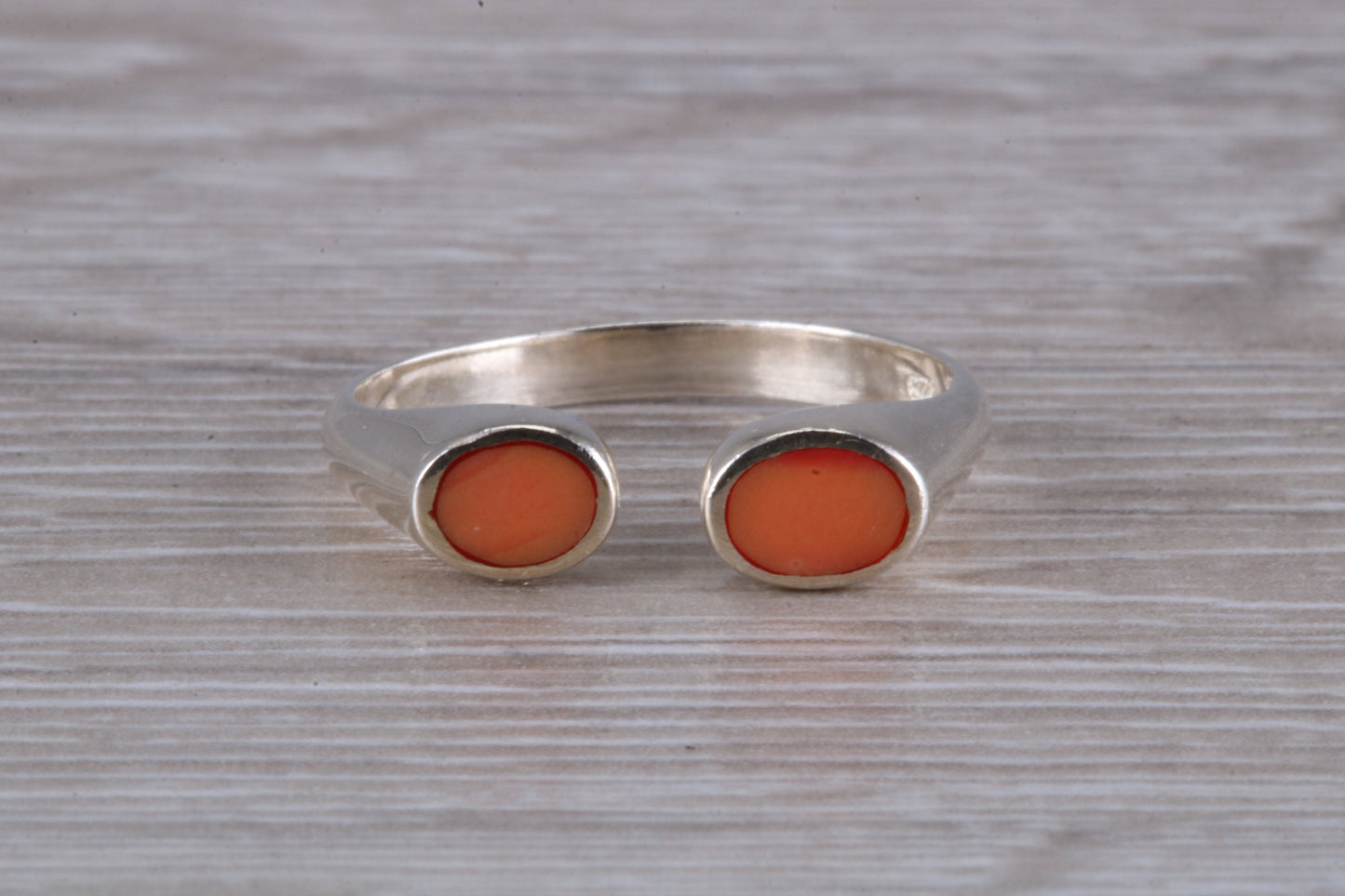 Silver Coral open ended ring, sterling silver with red coral inlay, suitable for all age groups, very unusual design