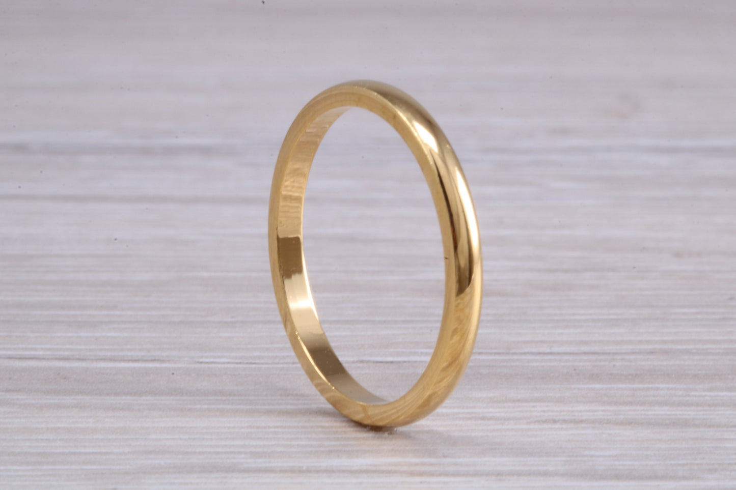 2 mm court profile Silver band with 18ct yellow Gold hard plating, looks just like a gold band for a fraction of the cost