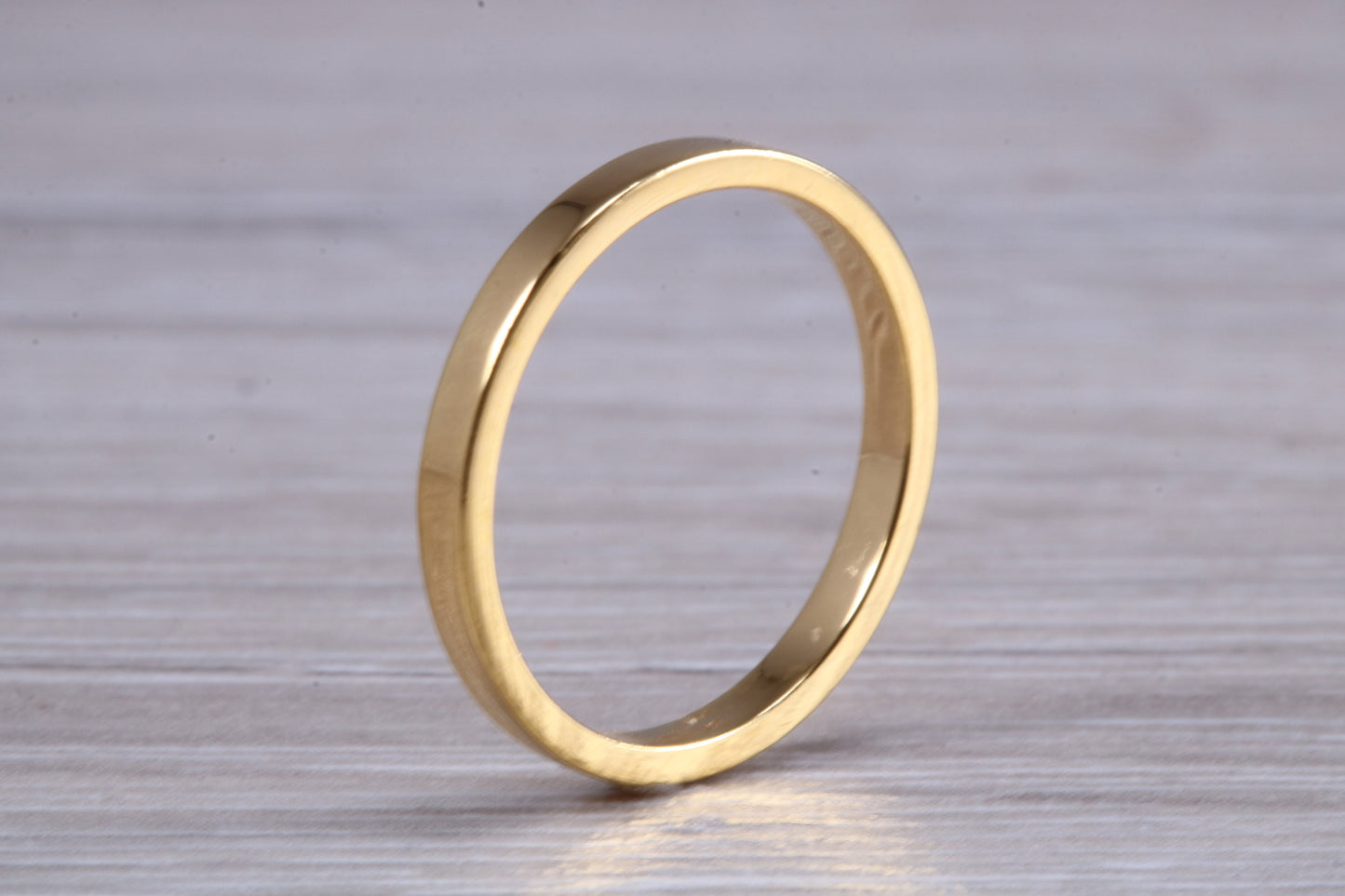 3 mm flat profile Silver band with 18ct yellow Gold hard plating, looks just like a gold band for a fraction of the cost