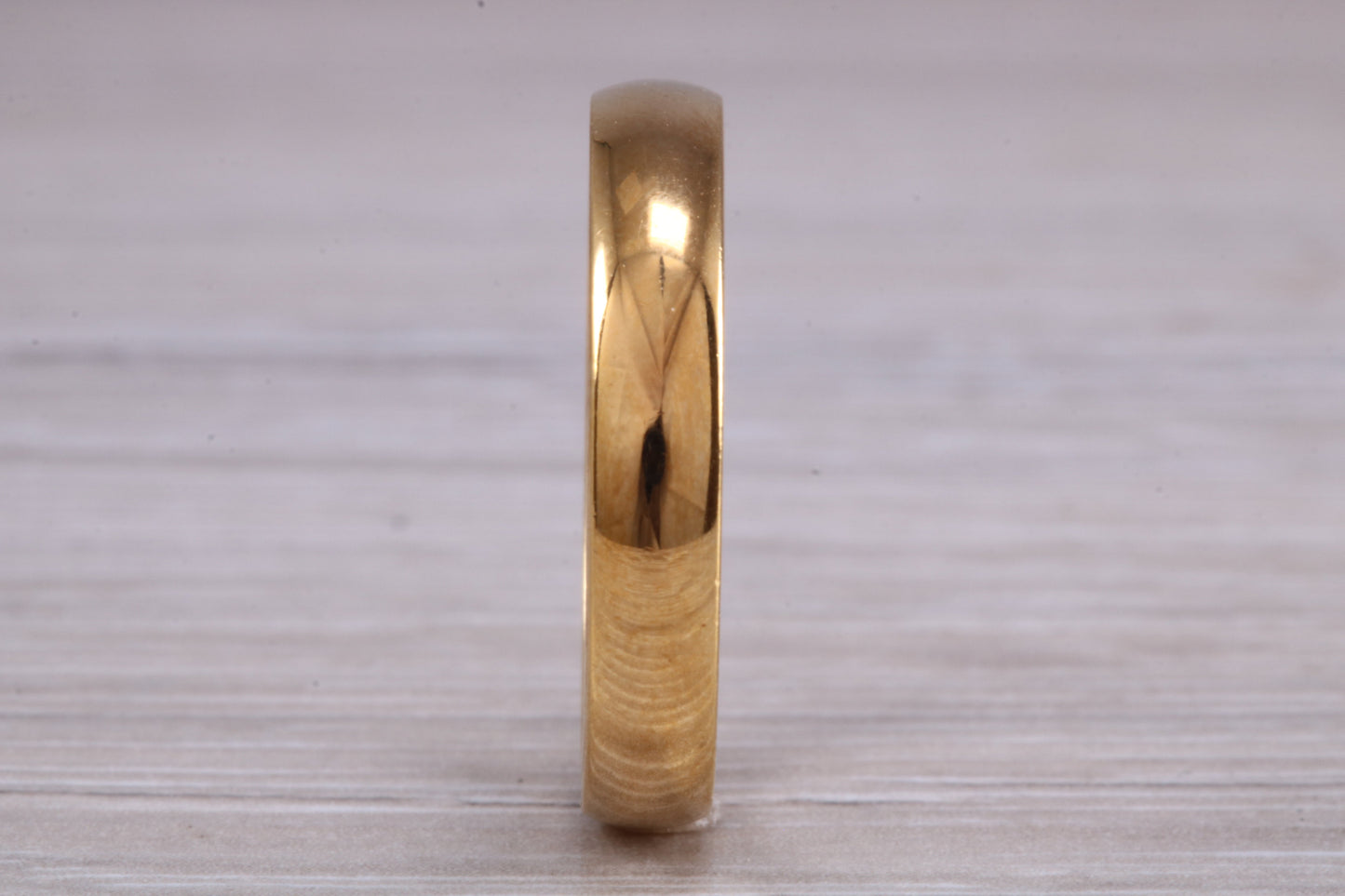 5 mm court profile Silver band with 18ct yellow Gold hard plating, looks just like a gold band for a fraction of the cost